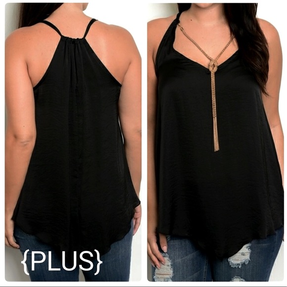 Sky Tops - NEW Black Satin Spaghetti Strap Top+Gold Necklace